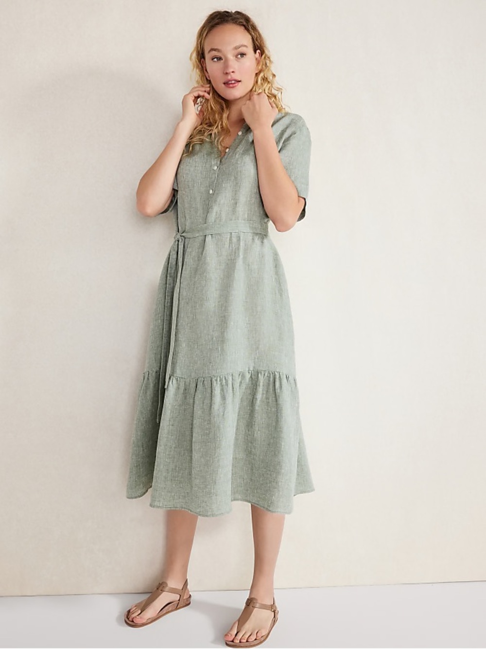 Haven Well Within Linen Tiered Midi Dress Thyme Green L